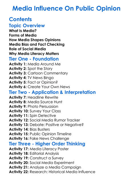 Media Influence On Public Opinion Worksheet Activity Booklet