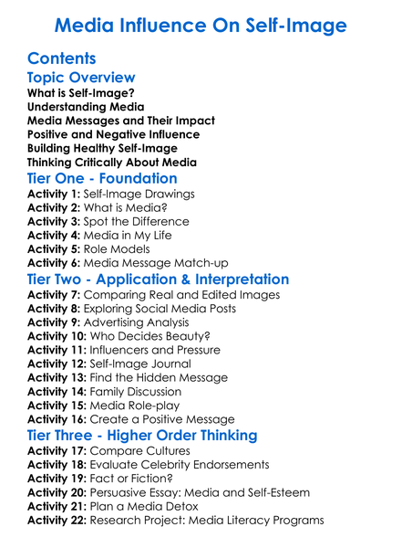 Media Influence On Self-Image Worksheet Activity Booklet