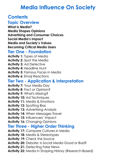Media Influence On Society Worksheet Activity Booklet