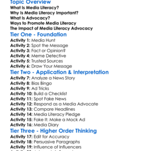 Media Literacy Advocacy Worksheet Activity Booklet