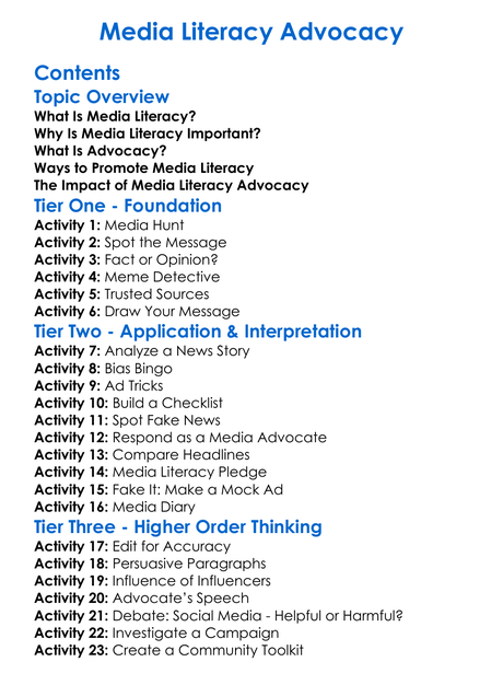 Media Literacy Advocacy Worksheet Activity Booklet