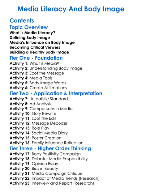 Media Literacy And Body Image Worksheet Activity Booklet