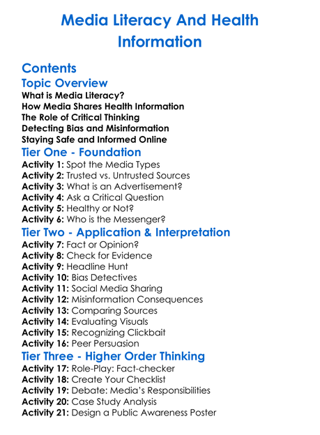 Media Literacy And Health Information Worksheet Activity Booklet