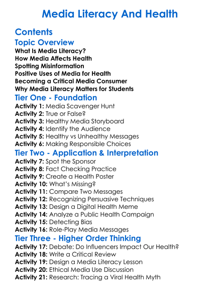 Media Literacy And Health Worksheet Activity Booklet