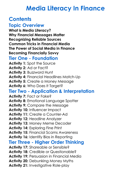 Media Literacy In Finance Worksheet Activity Booklet