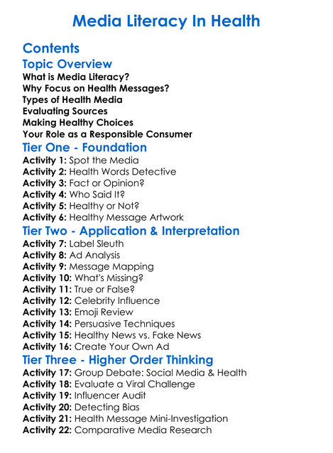 Media Literacy In Health Worksheet Activity Booklet