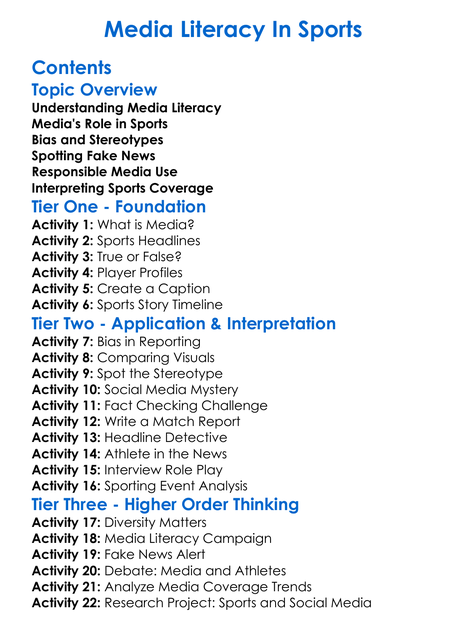 Media Literacy In Sports Worksheet Activity Booklet