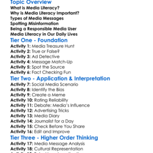 Media Literacy Worksheet Activity Booklet