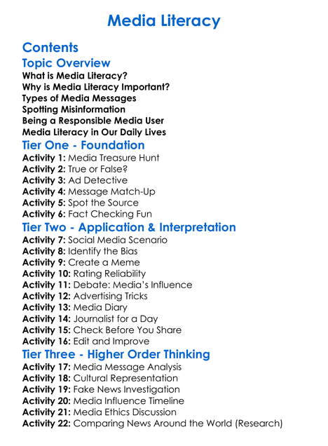 Media Literacy Worksheet Activity Booklet
