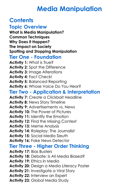 Media Manipulation Worksheet Activity Booklet