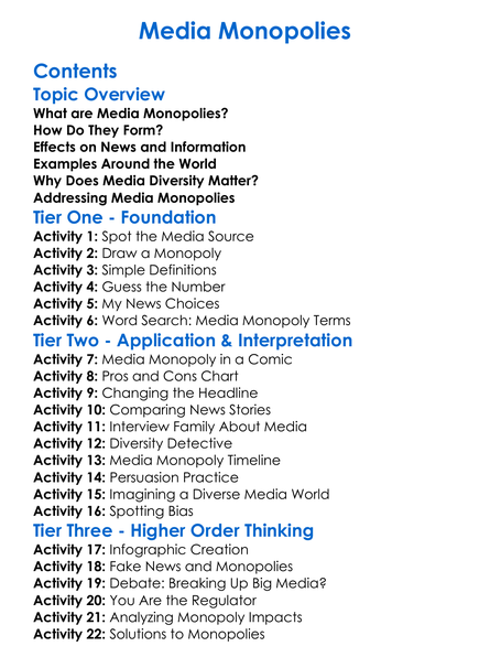 Media Monopolies Worksheet Activity Booklet