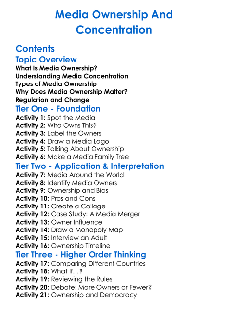 Media Ownership And Concentration Worksheet Activity Booklet