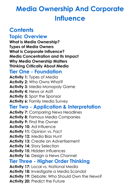 Media Ownership And Corporate Influence Worksheet Activity Booklet