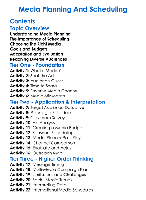 Media Planning And Scheduling Worksheet Activity Booklet