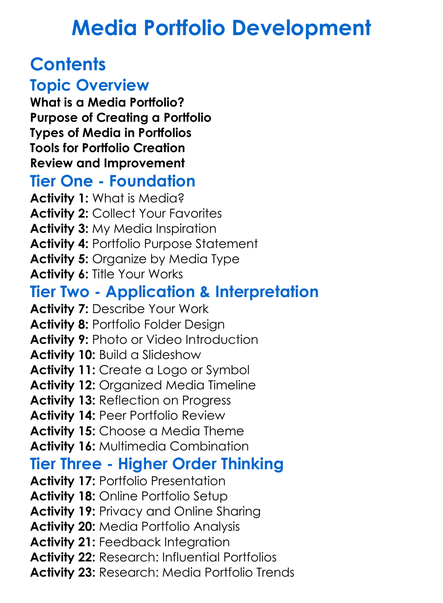 Media Portfolio Development Worksheet Activity Booklet