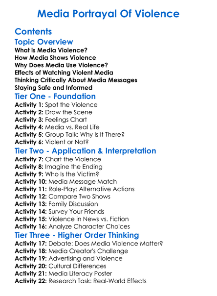 Media Portrayal Of Violence Worksheet Activity Booklet