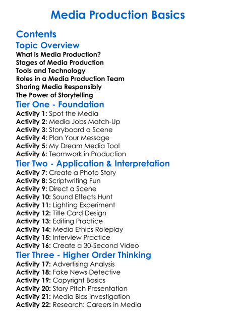 Media Production Basics Worksheet Activity Booklet