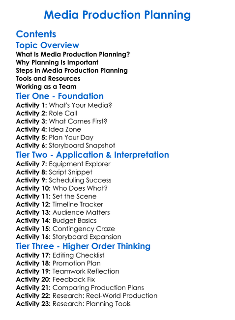 Media Production Planning Worksheet Activity Booklet
