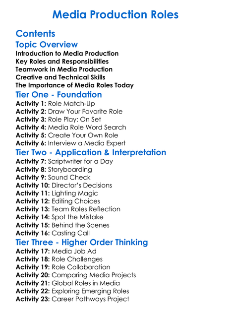 Media Production Roles Worksheet Activity Booklet