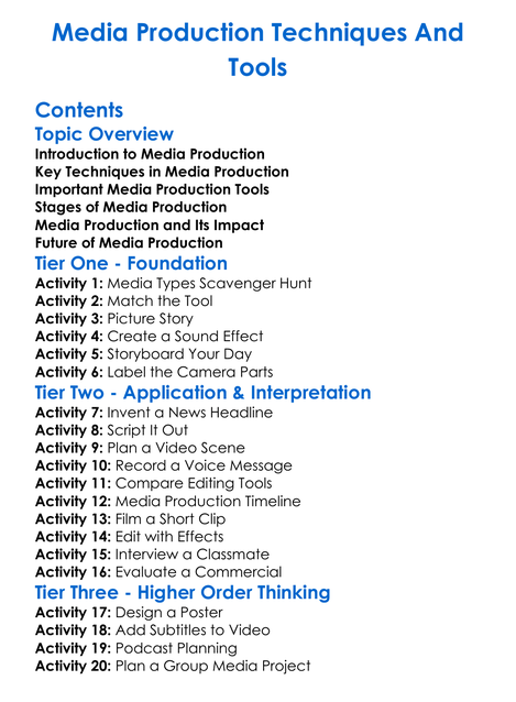 Media Production Techniques And Tools Worksheet Activity Booklet
