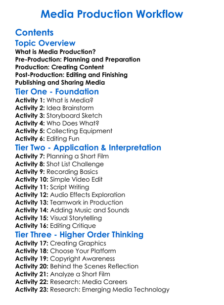 Media Production Workflow Worksheet Activity Booklet