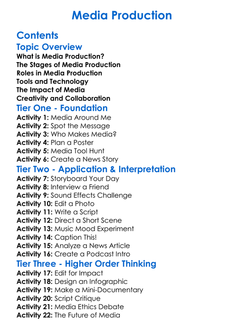 Media Production Worksheet Activity Booklet