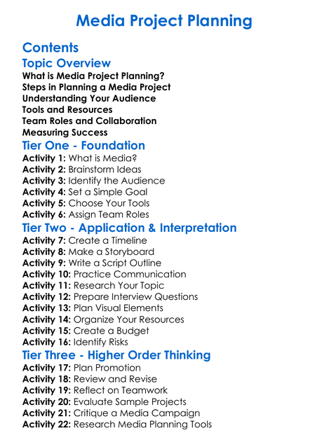 Media Project Planning Worksheet Activity Booklet