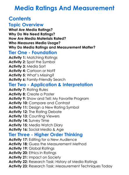 Media Ratings And Measurement Worksheet Activity Booklet