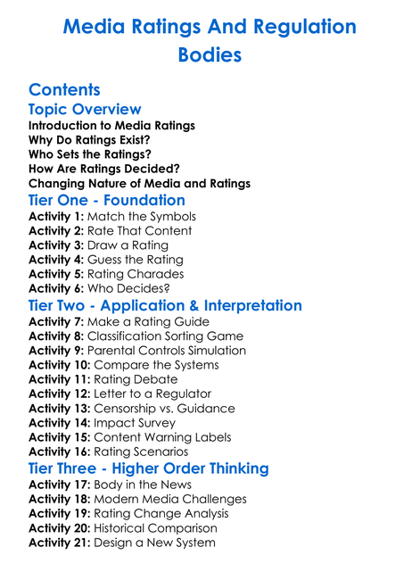 Media Ratings And Regulation Bodies Worksheet Activity Booklet
