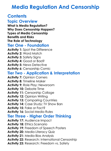 Media Regulation And Censorship Worksheet Activity Booklet
