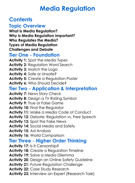 Media Regulation Worksheet Activity Booklet