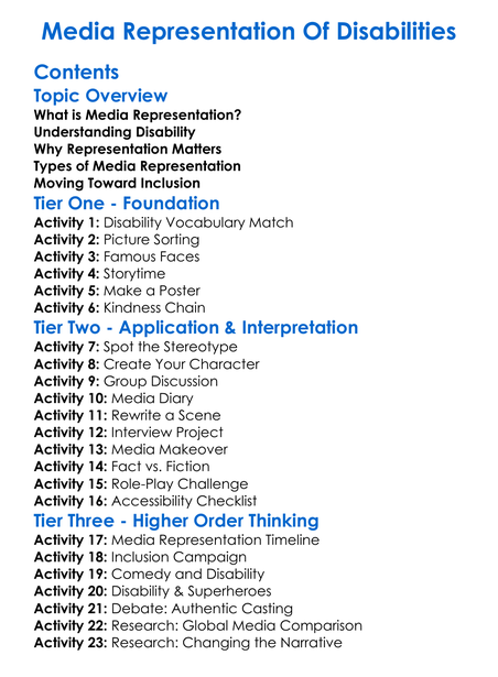 Media Representation Of Disabilities Worksheet Activity Booklet