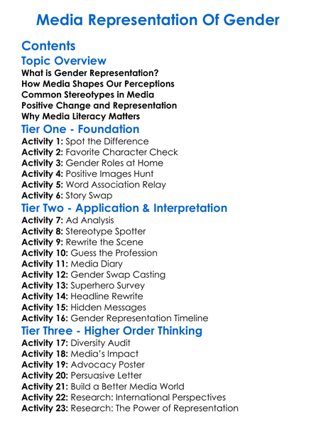 Media Representation Of Gender Worksheet Activity Booklet