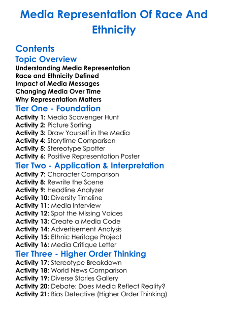 Media Representation Of Race And Ethnicity Worksheet Activity Booklet