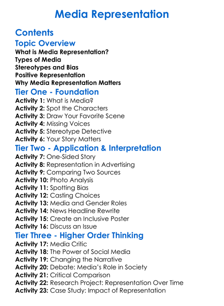 Media Representation Worksheet Activity Booklet