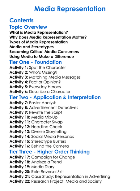 Media Representation Worksheet Activity Booklet