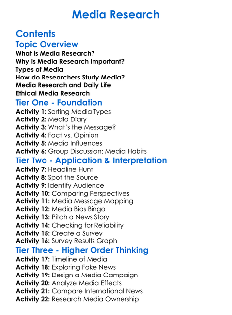 Media Research Worksheet Activity Booklet