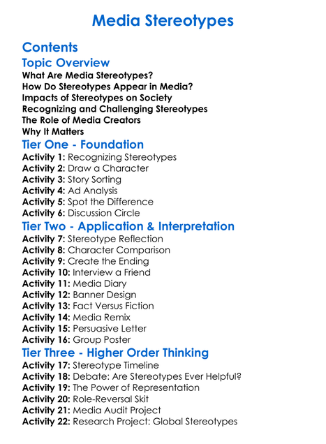 Media Stereotypes Worksheet Activity Booklet