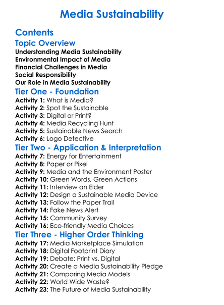 Media Sustainability Worksheet Activity Booklet