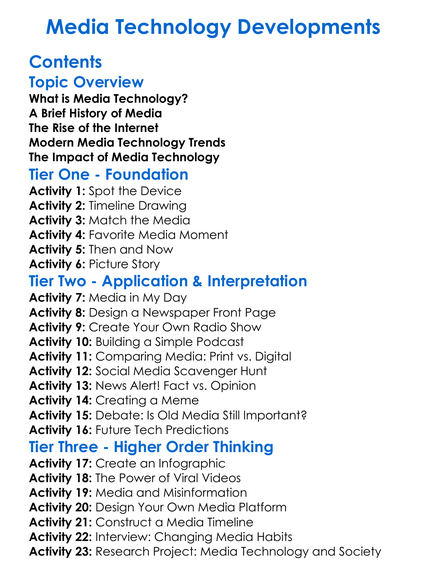 Media Technology Developments Worksheet Activity Booklet