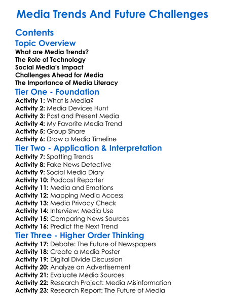 Media Trends And Future Challenges Worksheet Activity Booklet