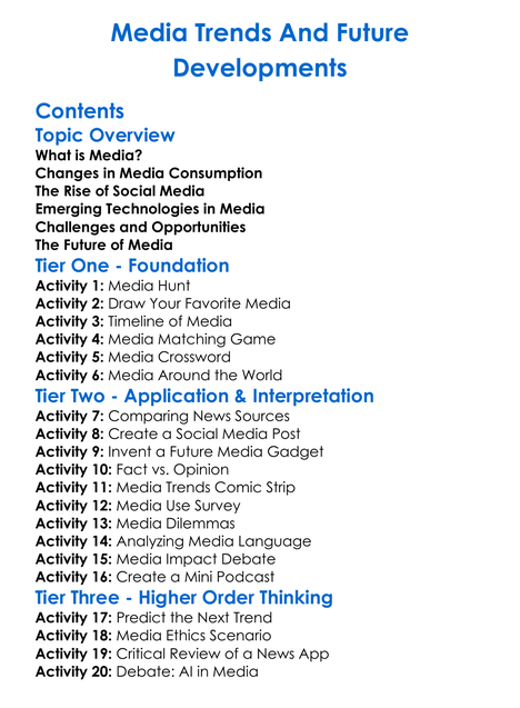 Media Trends And Future Developments Worksheet Activity Booklet