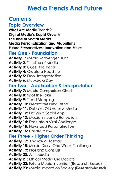 Media Trends And Future Worksheet Activity Booklet