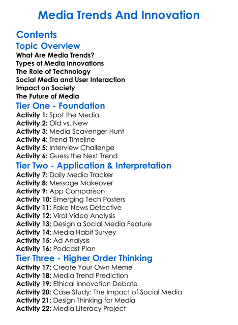 Media Trends And Innovation Worksheet Activity Booklet