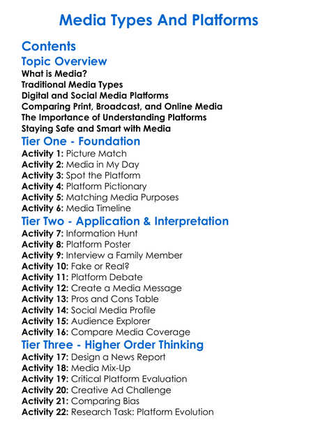 Media Types And Platforms Worksheet Activity Booklet
