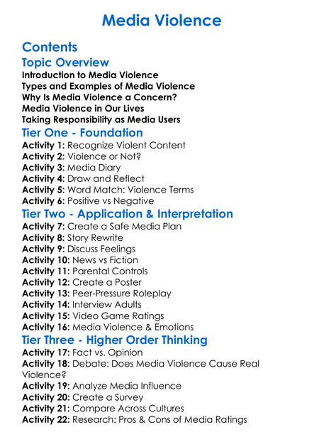 Media Violence Worksheet Activity Booklet