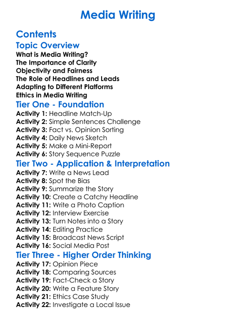 Media Writing Worksheet Activity Booklet