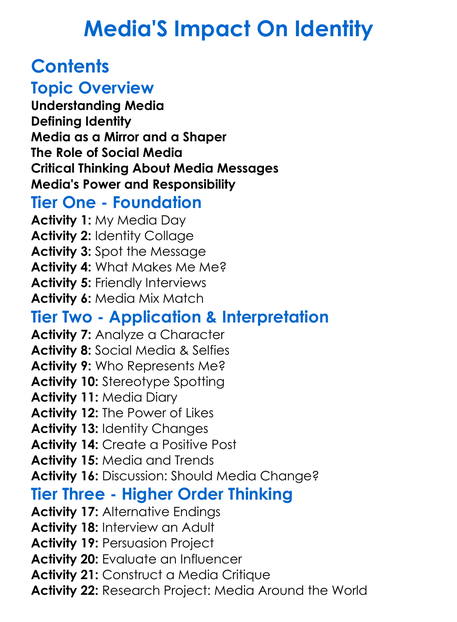 Medias Impact On Identity Worksheet Activity Booklet