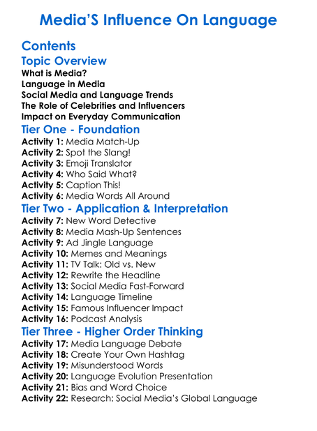 Medias Influence On Language Worksheet Activity Booklet