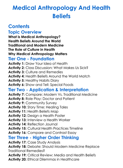 Medical Anthropology And Health Beliefs Worksheet Activity Booklet
